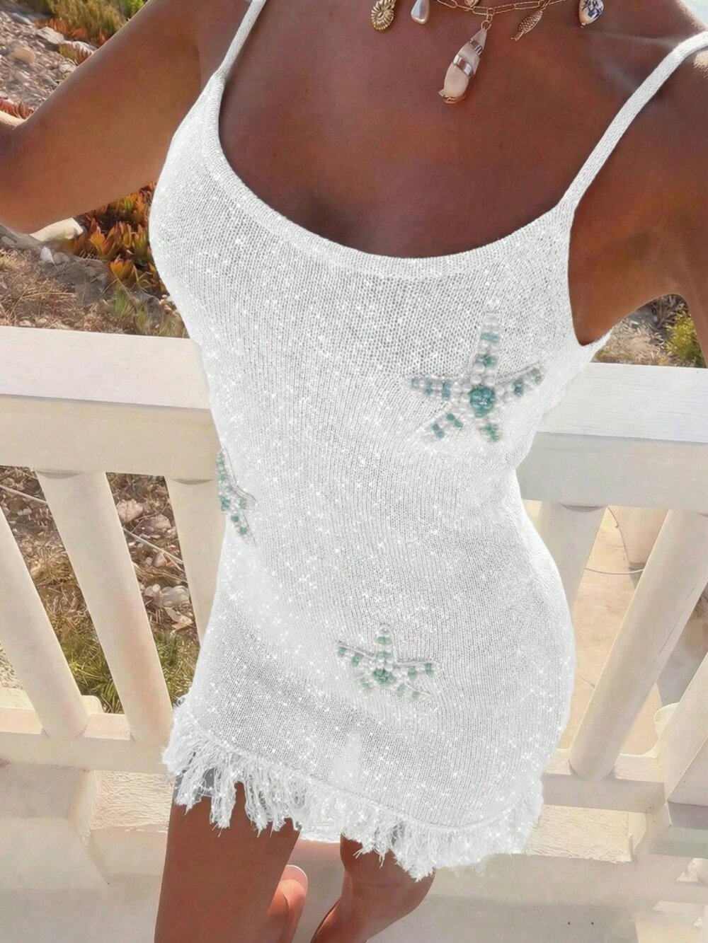 White Casual Women's Spaghetti Strap Starfish Mini Dress with Tassel Hem - Picture 7 of 8